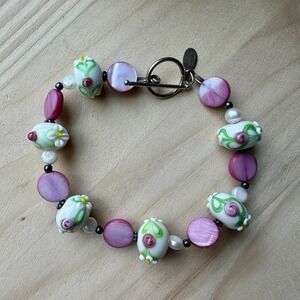 Donna Dressler Bracelet Sz 7.25 Lampwork Glass‎ Art MOP Shell Beads 925 Sterling
